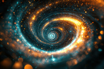 Poster - A mesmerizing cosmic swirl of teal and gold, sparkling with energy and light.