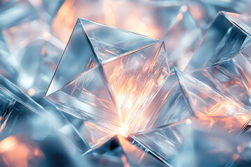 Poster - Glowing translucent pyramids, intricate geometric shapes, abstract crystal structure, light and shadow interplay.