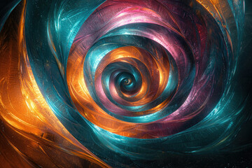 Poster - Abstract swirling spiral artwork with teal, copper, and purple hues, creating a mesmerizing visual effect.