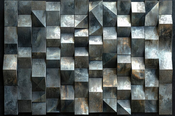 Poster - Abstract metallic cube pattern, textured surface, dark grey and bronze tones, geometric design.