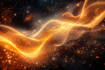 Poster - Abstract golden wave of light and glitter particles on dark background.