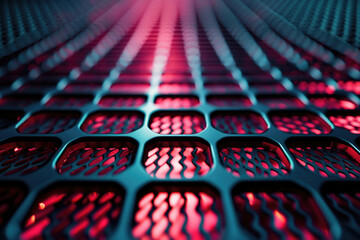 Poster - Abstract close-up of a metallic grid with red glowing lights, creating a futuristic and technological aesthetic.