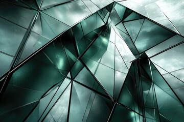 Poster - Abstract view of a modern glass building with geometric facets reflecting cloudy skies.