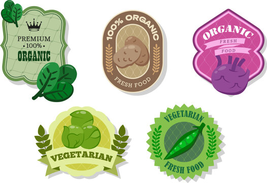Different retro vegetables banner and labels. Packaging tags with spinach, brussels sprouts, potato, peas, Kohlrabi. Set of seasonal vegetables labels and marks or badges template for packaging