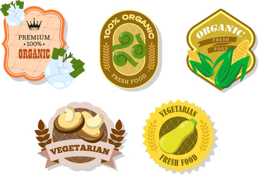 Different retro vegetables banner and labels. Packaging tags with corn, fennel, shiitake, Fiddleheads, zucchini. Set of seasonal vegetables labels stickers and marks or badges template for packaging