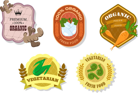 Different retro vegetables banner and labels. Packaging tags with carrot, corn, fennel, Fiddleheads, ginger. Set of seasonal vegetables labels stickers and marks or badges template for packaging