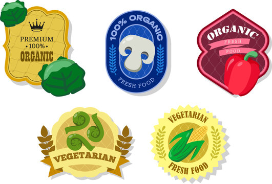 Different retro vegetables banner and labels. Packaging tags with champignons, corn, Fiddleheads, cabbage, pepper. Set of seasonal vegetables labels stickers and marks or badges template for packaging