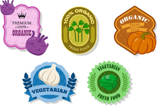 Different retro vegetables banner and labels. Packaging tags with Kohlrabi,garlic,iceberg lettuce, pumpkin,watercress salad.Set of seasonal vegetables labels and marks or badges template for packaging