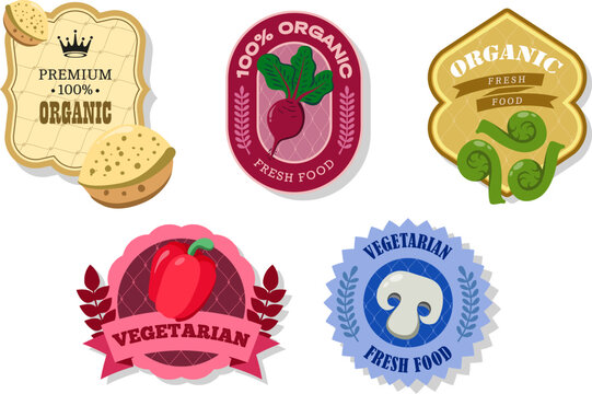 Different retro vegetables banner and labels. Packaging tags with beetroot,pepper,champignons,almond, Fiddleheads. Set of seasonal vegetables labels stickers and marks or badges template for packaging