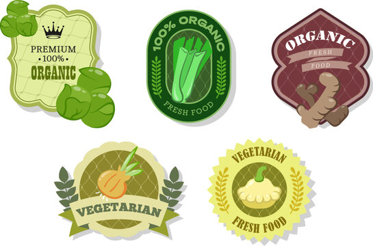 Different retro vegetables banner and labels. Packaging tags with patissons, onion,ginger,Brussels sprouts,celery. Set of seasonal vegetables labels stickers and marks or badges template for packaging