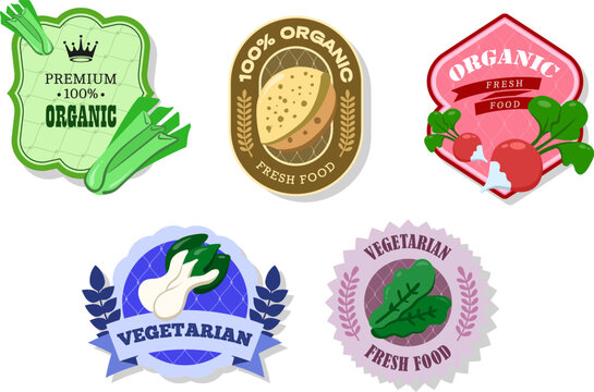 Different retro vegetables banner and labels. Packaging tags with radish, Bok choy, sorrel, almond, celery. Set of seasonal vegetables labels stickers and marks or badges template for packaging