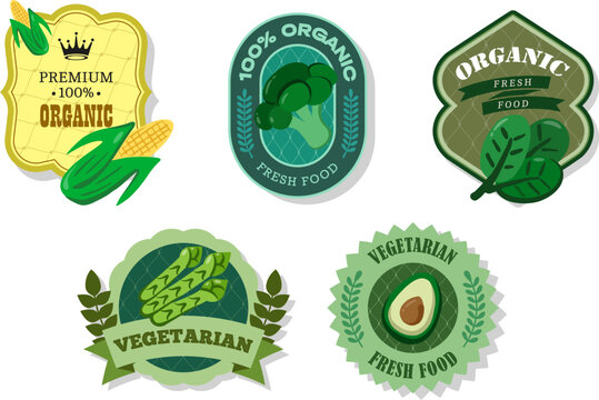 Different retro vegetables banner and labels. Packaging tags with corn, spinach, broccoli, avocado, asparagus. Set of seasonal vegetables labels stickers and marks or badges template for packaging