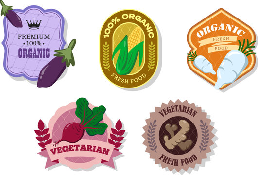 Different retro vegetables banner and labels. Packaging tags with eggplant, beetroot, corn, Daikon, ginger. Set of seasonal vegetables labels stickers and marks or badges template for packaging