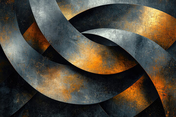 Poster - Abstract artwork featuring interwoven, metallic ribbons with a dark grey and orange-gold patina, creating a visually striking composition.
