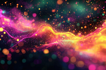 Poster - Abstract cosmic landscape with vibrant, swirling nebulae and glittering particles.