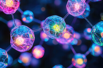 Poster - Abstract representation of molecular structure, vibrant colors, interconnected spheres symbolizing atoms or cells.