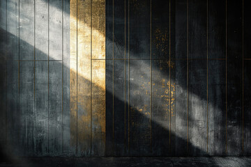 Poster - Sunlit dark grey and gold textured wall with vertical lines, minimalist design.