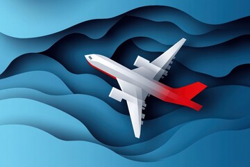 Poster - Airplane flying above abstract blue waves in a minimalist illustration representation of travel. Generative AI