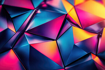 Poster - Abstract image of vibrant, metallic, triangular shapes forming a complex geometric pattern with iridescent colors.