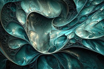Poster - Abstract fractal art depicting swirling, teal, organic forms with bubble-like textures and metallic highlights.