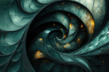 Poster - Abstract fractal art showcasing a mesmerizing teal spiral with golden sparks, creating a cosmic, dreamy effect.