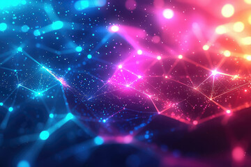 Poster - Abstract network connection with glowing lines and particles in vibrant pink and blue colors.