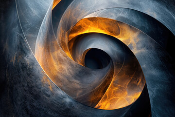 Poster - Abstract swirling metallic sculpture with glowing orange accents, creating a mesmerizing vortex effect.
