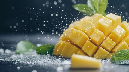 Wall Mural -   A table with mint leaves and water droplets sits nearby, while a stack of mango cubes rests atop it