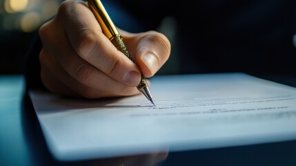 Aufkleber - Person writes with a pen on a document in a dimly lit setting during a focused moment of creativity. Generative AI