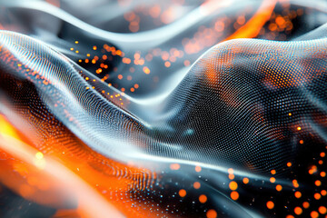 Poster - Abstract digital wave pattern with glowing orange particles, representing data flow or network.