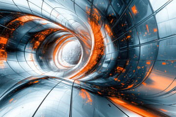 Poster - Abstract futuristic tunnel with glowing orange and silver metallic surfaces, creating a dynamic and technological visual.