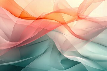Poster - Abstract art depicting flowing, translucent fabrics in coral, peach, and teal shades.