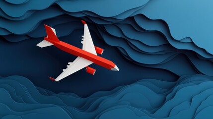 Poster - Colorful paper airplane flying above blue layered landscape in a creative design. Generative AI