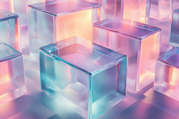 Poster - Pastel-colored glass cubes illuminated, creating a dreamy, abstract composition.