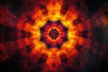 Aufkleber - Intricate fiery mandala design with radiating patterns and a central focal point.