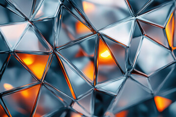 Poster - Abstract background of reflective metallic triangles with warm orange light accents.