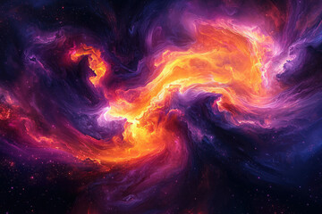 Poster - A vibrant nebula swirls in cosmic space, showcasing fiery orange and purple hues, a mesmerizing celestial dance.