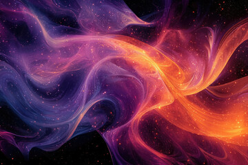 Poster - Abstract cosmic artwork depicting swirling nebulae in vibrant purple, orange, and pink hues, speckled with glittering stars.