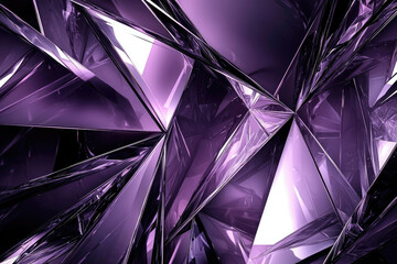 Poster - Abstract purple geometric background with glossy, reflective, triangular facets creating a dynamic, multifaceted texture.
