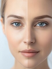 Poster - Close up of a womans face showing drawn lines on one side and smooth skin on the other in a medical style setting. Generative AI