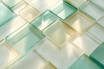 Poster - Overlapping translucent square glass tiles create an abstract, geometric pattern with soft light and shadows.