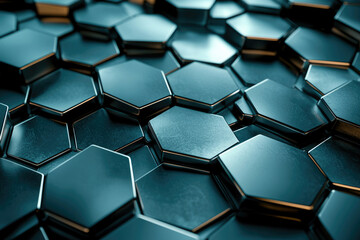 Poster - Abstract 3D rendering of a metallic hexagonal pattern, creating a futuristic and technological background.
