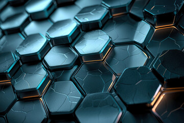 Poster - Abstract hexagonal pattern, dark teal metallic surface with cracked texture, futuristic design.