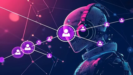 Wall Mural - A futuristic humanoid figure with headphones, surrounded by digital connections and vibrant colors.
