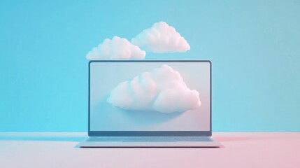 Poster - Cloud Computing Laptop, Modern Digital Workspace,  Pastel Gradient Background