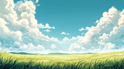 Poster - Vast green meadow under a bright blue sky with fluffy white clouds during a sunny day in spring. Generative AI