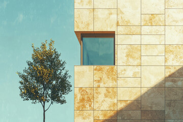 Aufkleber - Minimalist architecture showcasing a single window and a solitary tree against a clear blue sky.