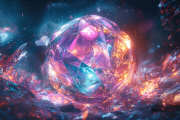Poster - A vibrant, multifaceted crystal orb glows amidst fiery, cosmic debris, creating a surreal and captivating scene.