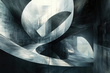 Poster - Abstract concrete architecture showcasing intricate, curving pathways and textured surfaces within a dimly lit, futuristic space.
