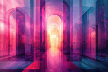 Poster - Abstract digital art depicting a vibrant, colorful, architectural hallway with glowing arches and a reflective floor.